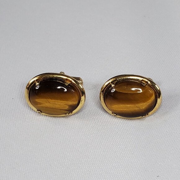 Vintage Gold-Tone Oval Tiger Eye Gemstone Cufflinks For Men - Picture 15 of 15